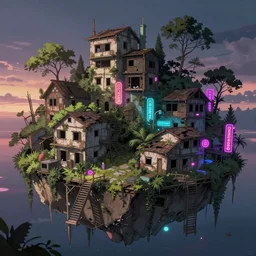 a beautiful very detailed anime illustration of urbex village abandoned unfinished building nature by odile decq, reclaimed by nature architecture island at dawn vaporwave darkacademia dramatic lighting retrowave lightpaint neon signs magic realism, archdaily, wallpaper, highly detailed, trending on artstation.