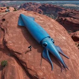 red rocks aerial view with giant blue squid, movie still