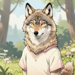 Beatiful portrait of an anthro wolf wearing a cute cozy soft pastel Summer outfit Summer Atmosphere. detailed, inked,