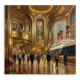 a crowd walking through the hallway on the atlantis paradise, a retro futuristic spaceship made of brass bronze gold, art deco influence, hotel style design. bioshock, starship titanic. clean, well composed painting by artgerm and greg rutkowski