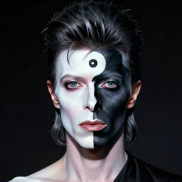 david bowie as a cosmic daoist with yin - yang symbol painted on face one side white one side black no extra lines