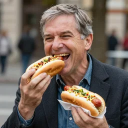 Klaus Schwab eating a hotdog and laughing very hard