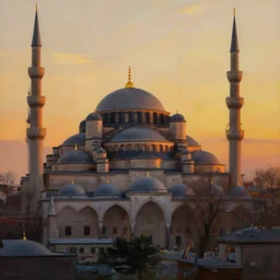 painting of a mosque in instanbul at sunset, natural light, concept art, by greg rutkowski, cozy atmospheric and cinematic lighting