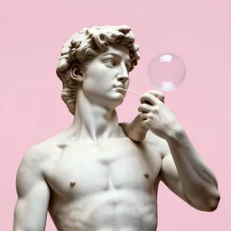 famous michelangelo statue of david blowing a bubble in a matching pastel pink background