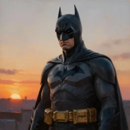 hyper realistic portrait of batman at sunset, ground up angle at 45°, 24 mm lens shot, painting by John berkey n-4
