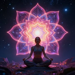 A woman in maditation pose in a cosmic place to meditation about 12 petal heart chakra stellar meditations on flower of heart chakra stellar by Anita Kunz, Leonardo da Vinci, Peter Mohrbacher, Tomasz Jedruszek and Jakub Różalski, Trending on artstation. highlights 8k resolution unreal engine hiperrealistic neon glow darkness dramatic hdr dramatic flower neon stellar color scheme