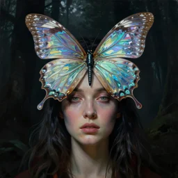 a neoclassicist close - up portrait of a an otherworldy person with retrofuturistic butterfly headwear. iridescent reflective alien textures. foggy forest black background. highly detailed science fiction painting by norman rockwell, frank frazetta, syd mead and moebius. rich colors, high contrast, gloomy atmosphere, dark background. trending on artstation.