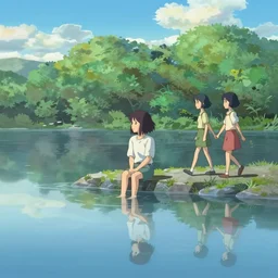 digital anime art, girl sitting in the middle of a lake alone, in the reflection the girl is walking together with another girl by Makoto Shinkai.