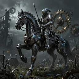 gears of war alien knight in medieval plate armor on a giant mechanical horse, the feeling of magical grimdark magic power and dispair, on a dark swampy bsttlefield, high quality, detailed, 8k, unreal engine, octane render, trending on artstation