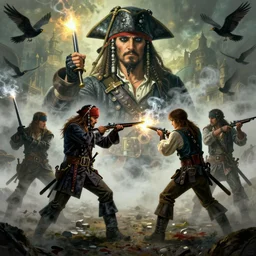 pirate duel on guns, sabers, gunpowder smoke, shooting, blood, fog, birds, portrait 4 / 3, dramatic, digital art, fantasy, octane render, unreal engine, high detail, artstation, greg rutkowski, james gurney, gene wolfe, gustave dore, jesper ejsing, rhads, makoto shinkai, ilya kuvshinov