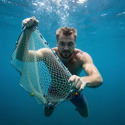 vucic stuck in a fishing net, struggling, underwater, photo