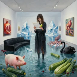 painting of a flooded modern art gallery, a tall emo girl holding sheet music, wasabi, art gallery interior, pig, courgette, waterfall, black lounge, sensual, organic, icebergs, pomegranates, octopus, zen, black swans, courgettes, berries, surrealist, by magritte and monet