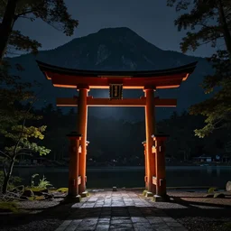 Japanese Torii in the center of the picture , torii in a moutain with trees ,night , by Grzegorz Rutkowski, concept art , wide angle