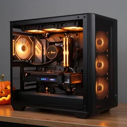 halloween themed setup led lights high budget, orange and black style, server room pc tuning overclocking
