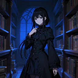 1 7 - year - old anime goth girl, black hair, long bob cut, long bangs, gothic coat, gloomy library, deep blue lighting, old library, sense of space, strong lighting, strong shadows, vivid hues, ultra - realistic, sharp details, subsurface scattering, intricate details, hd anime, 2 0 0 9 anime
