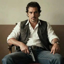 lalo salamanca sitting in a chair with his gun