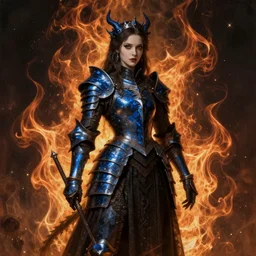 Gothic princess in dark and blue dragon armor. By fractal flame (1000), Rembrandt painting, highly detailded