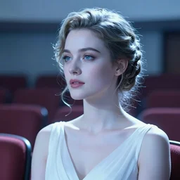 cinestill 5 0 d portrait of a beautiful dreamy woman by annie liebovitz, stand in a theatre, pale blue tonal glossy, hair intricate style, wearing white dress, elegant, highly detailed, soft foggy blur, artstation, sharp focus, head in focus,