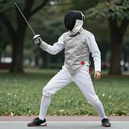Cyberpunk fencer leaning towards the right with a park as backdrop