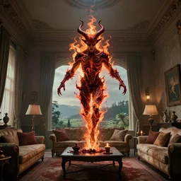 a demon made of blood and fire floats through the living room, film still from the movie directed by Denis Villeneuve with art direction by Salvador Dalí, wide lens