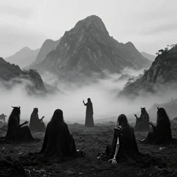 place that is like nowhere but has mountains in the background with a doom infernal aesthetic, but also clean, with black tones, similar to a dream, with a lord of demons judging some lost souls with his skeleton pointing finger