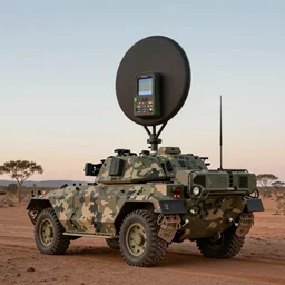 peaceful mobile camoflaged biomimetic rugged anemometer station sensor antenna on all terrain tank wheels, for monitoring the australian desert,  XF IQ4, 150MP, 50mm, F1.4, ISO 200, 1/160s, dawn