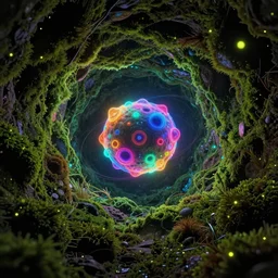 looping wormhole teleport, quantum physics cell, nucleus, high moss inside hollow earth jewelry mine full colored, fireflies, hight contrast, void, 8 k resolution, unreal engine 5, hyper - detailed, morning mood by beeple, justin gerard
