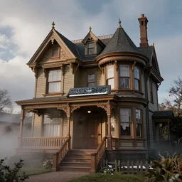 richly decorated Victorian house with a moog modular synthesizer, modern, beautiful, detailed wood, photorealistic, photorealism, lightning, clouds, the winter light comes in through a window, volumetric fog
