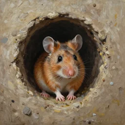 A detailed shot of the interior of a mouse hole in the wall, wide shot, hyperealism, oil painting