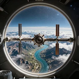 inside an O'Neil Cylinder space station. Mountains, rivers, clouds, stars outside