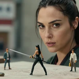 beautiful hyperrealism three point perspective film still of gal gadot sword scene in kill bill, extreme closeup portrait in style of frontiers in porcelain miniature street photography seinen manga fashion edition, miniature still life, eye contact, tilt shift style scene background, soft lighting, kodak portra 4 0 0, 8 k, macro, cinematic style by emmanuel lubezki