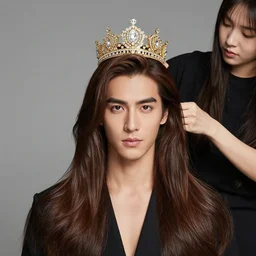 handsome man with shiny and silky long hair getting hair styled by a hair queen wearing a golden crown studded with diamonds, studio