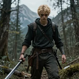 blonde boy fantasy thief, realistic, ultra detailed, menacing, powerful, dark, shallow focus, forest, mountains in the background concept art design as if designed by Wētā Workshop