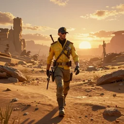 a vibrant photograph of a vladof commissar, extreme long shot, wandering the wasteland of pandora, sunset photo at golden hour, canon 8 5 mm 1. 2 lens, in the style of the borderlands series, 8 k resolution, overhead view, deep depth of field