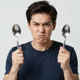 A angry man holding a for and a spoon looking into the camera with the top text BOGUS, stock photo, reddit meme, Realistic