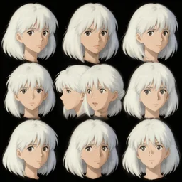character face study, multiple angles, directions and moods. faces only, girl with white hair, concept art finely detailed perfect art, painted by greg rutkowski makoto shinkai takashi takeuchi studio ghibli, pinterest, cevagraf comics