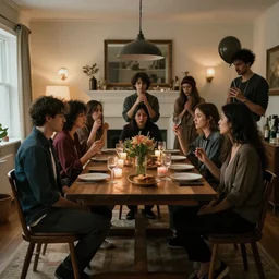a group of people celebrating a housewarming party, but something is terribly off and unsettling about the scene