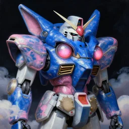 a baroque neoclassicist renaissance close - up portrait of a deep blue and pink iridescent whimsical 1 8 0 0 s japanese mecha gundam animal with big glowing eyes. reflective detailed textures. puffy clouds, dark black background. highly detailed fantasy science fiction painting by moebius, norman rockwell, frank frazetta, and syd mead. rich colors, high contrast. artstation