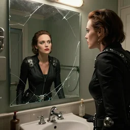 octane render photographic portrait by quentin tarantino of a beautiful feminine man wearing black techwear and light makeup looking in a broken bathroom mirror, old new york apartment, full shot, retrofuturism cinematic, 8 k, hd, high resolution, ultra realistic faces, photorealistic, intricate detail, trending on artstation, digital painting, clockwork orange