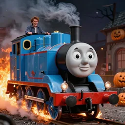 portrait of thomas the tank engine on fire, halloween night, charlie bowater, artgerm, ilya kuvshinov, krenz cushart, ruan jia, realism, ultra detailed, 8 k resolution