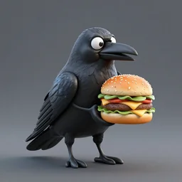 a crow holding a cheeseburger, 3D render by beeple , octance render