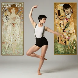 a woman with black hair pixie cut in shorts showing off a dancing pose with suspenders drawn by rembrandt, norman rockwell, frank frazetta, peter paul rubens, alphonse mucha, gustav klimt 4k, unreal 5, DAZ, french noveau, octane render, hyperrealistic