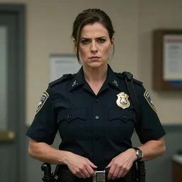 a rugged and sarcastic female cop in the style of tom bagshaw