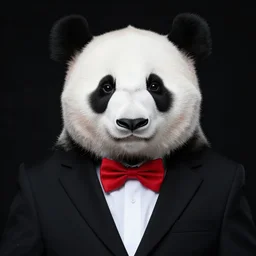 a portrait of a panda wearing a black suit with a white shirt and red bow tie, black background