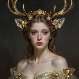 young woman with antlers, sad eyes,  fantasy, intricate, highly-detailed, elegant, gold, crown, flowers, dramatic lighting, gorgeous face, sexy gown, lifelike, photorealistic face, digital painting, artstation,  illustration, concept art, smooth, sharp focus, art by John Collier and Albert Aublet and Krenz Cushart and Artem Demura and Alphonse Mucha