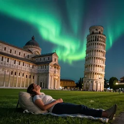 very relaxing wide shot of aurora night at magical leaning tower of pisa landscape, realistic render, vivid colors