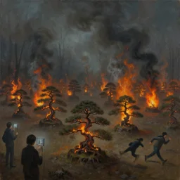 a surreal painting of a bleak forest of small japanese bonsai trees on fire, smoke in the sky, people standing around screening and running, ominous, oil on canvas