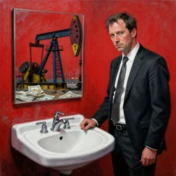 high quality painting featuring a disgraced oil and gas ceo and a bathroom sink mystery, mystery of the giant sink, oil rig and money in background, by greg rutkowski, red, black and white colour scheme, textured grunge aesthetic