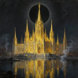 the golden spires of the carcosa palace are illuminated by huge black sun, and the lake is reflecting yhtill's remnants curled gunsmoke. gothic, 8 k, oil on canvas, hyperdetailed