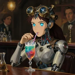 a female cyborg with magic eyes and a steampunk diadem drinking a multicolored magic drink in a bar, highly detailed painting by studio ghibli and carravagio, leyendecker, craig mullins, nice lighting, smooth tiny details, soft and clear shadows, low contrast, perfect, insanely integrate, nikon photo